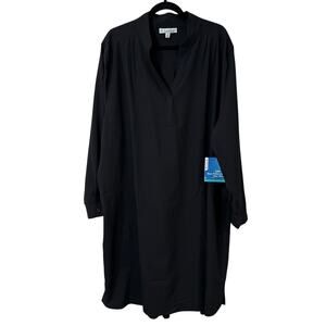 Coolibar Women's Oxford Shirt Dress V Neck Long Sleeve NEW 3X Plus Black Flowy